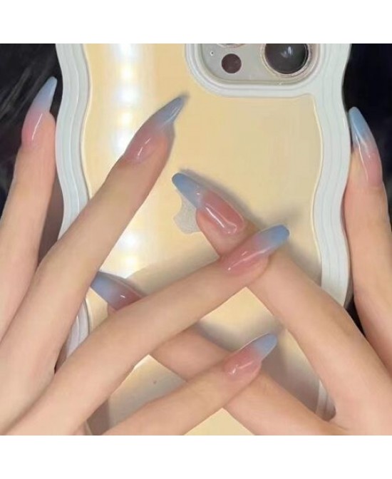 24 Pieces Set Fashion Gradient Sky Blue Long Style Detachable Fake Nail Wholesale Nail Stickers