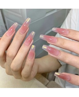 24 Pieces Set Shiny Jelly Pink Long Style Fake Nail Fashion Wholesale Nail Stickers