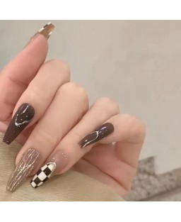 24 Pieces Set Chocolate Color Checkerboard Long Fake Nail Fashion Wholesale Nail Stickers