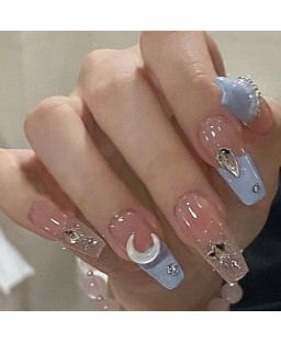 Pink and Blue Combo Star Moon 24 Pieces Set Detachable Fake Nail Wholesale Nail Stickers
