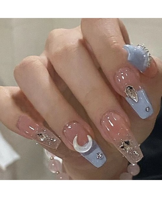 Pink and Blue Combo Star Moon 24 Pieces Set Detachable Fake Nail Wholesale Nail Stickers