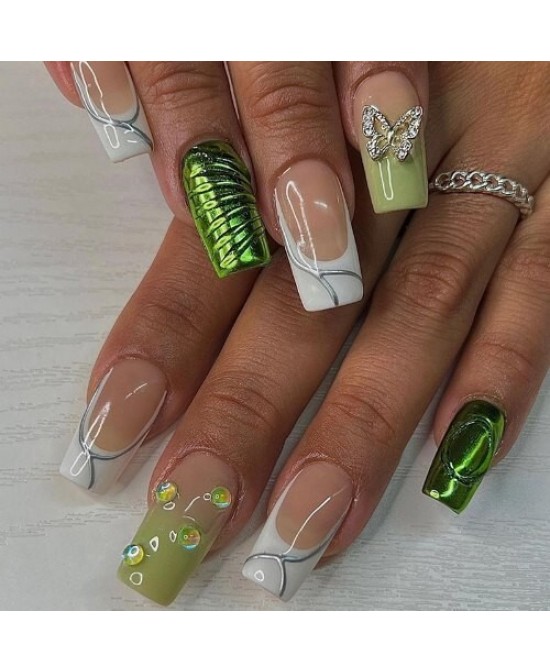 Green Three-dimensional Water Drop and Buttery 24 Pieces Set Fake Nail Wholesale Nail Stickers