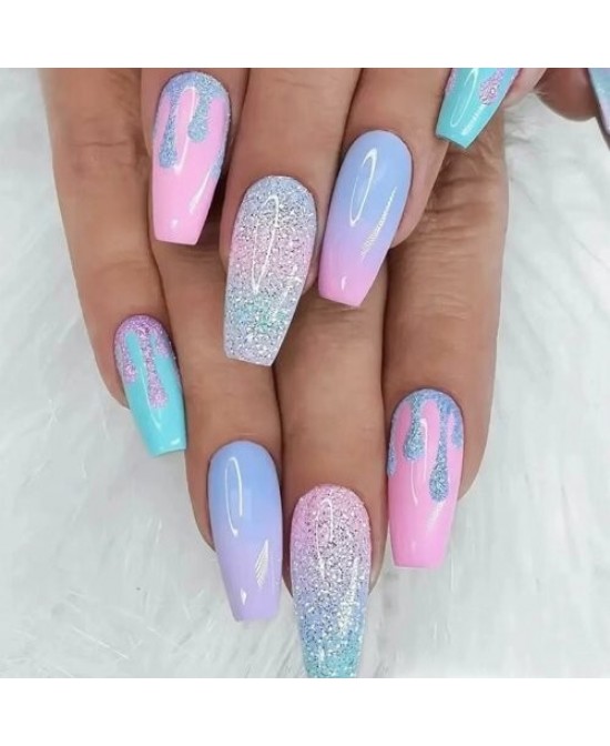 24 Pieces Set Sweet Streamers Shine Girly Powder Blue Gradient Fake Nail Wholesale Nail Stickers