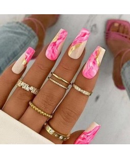 24 Pieces Set Pink Rock Flowing Gold Pattern Fashion Fake Nail Wholesale Nail Stickers