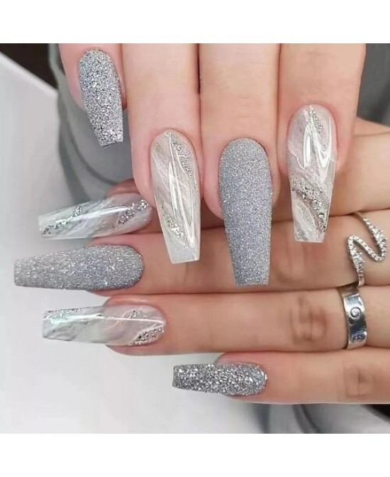 Long Style Bling Off-white Marbling 24 Pieces Set Fashion Fake Nail Wholesale Nail Stickers