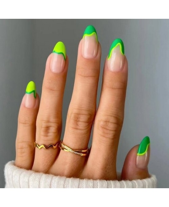 French Irregular Lines Fluorescent Green 24 Pieces Set Fashion Fake Nail Wholesale Nail Stickers