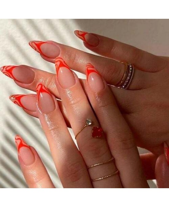 European and American Style Almond Shape Orange Ripples 24 Pieces Set Fake Nail Wholesale Nail Stickers