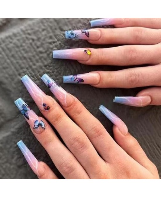 Powder Blue Gradient Butterfly Pattern Long Style 24 Pieces Set Fake Nail Wholesale Nail Stickers