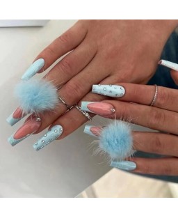 Blue Fur Ball Cute Rhinestone Long Model 24 Pieces Set Fake Nail Wholesale Nail Stickers Blue Fur Ball Cute Rhinestone Long Model 24 Pieces Set Fake Nail Wholesale Nail Stickers