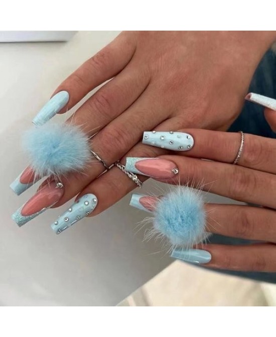 Blue Fur Ball Cute Rhinestone Long Model 24 Pieces Set Fake Nail Wholesale Nail Stickers
