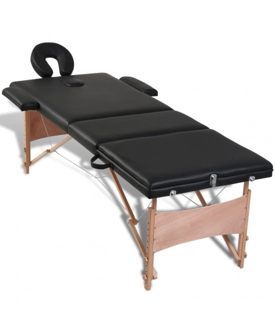 vidaXL Black Foldable Massage Table 3 Zones with Wooden Frame
