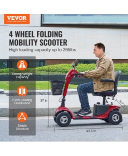 VEVOR Heavy-Duty 4 Wheel Mobility Scooter for Seniors 12 Mile Long Range 265LBS