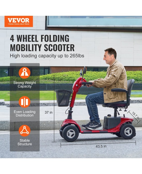 VEVOR Heavy-Duty 4 Wheel Mobility Scooter for Seniors 12 Mile Long Range 265LBS