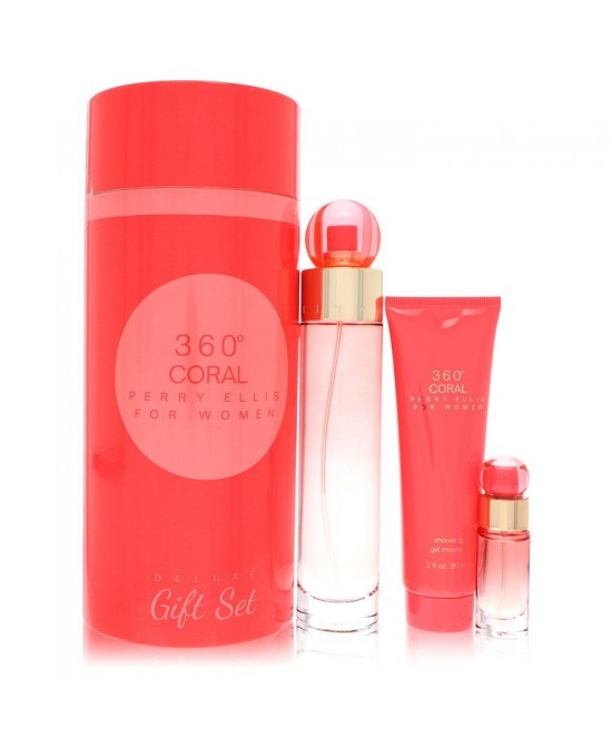 Perry Ellis 360 Coral by Perry Ellis Gift Set -- 3.4 oz Eau de Parfum Spray + .25 oz Mini EDP Spray + 3 oz Shower Gel (Women)