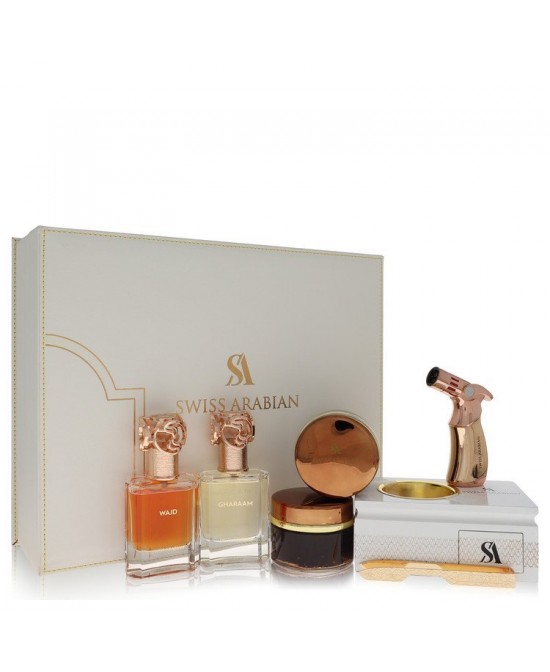 Swiss Arabian Bakhoor Dukhoon Al Haram by Swiss Arabian Gift Set -- Gift Set contains 2 x 1.7 oz Eau De Parfum in Wajd & Gharaam + 2 x 60 grams of Incense in Dukhoon Al Haram & Oud Muattar Mumtaz (Men)