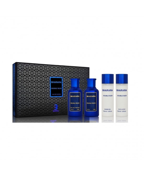 Bharara double bleu 4 pcs set for men: 3.4 eau de parfum + 5 oz body lotion + 3.4 after shave + 5 oz shower gel