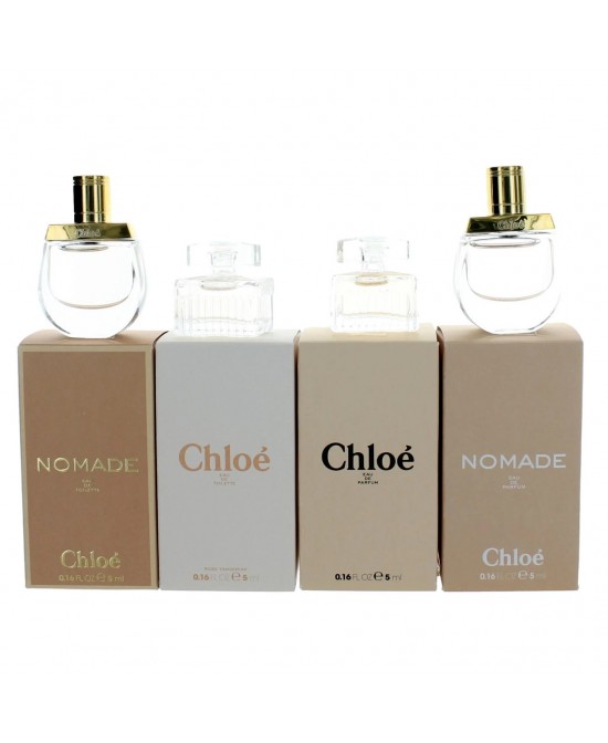 Chloe 4 pcs set for women: nomade 0.16 eau de toilette mini + rose tangerine 0.16 eau de toilette mini + chloe 0.16 eau de parfum mini + nomade 0.16 eau de parfum mini