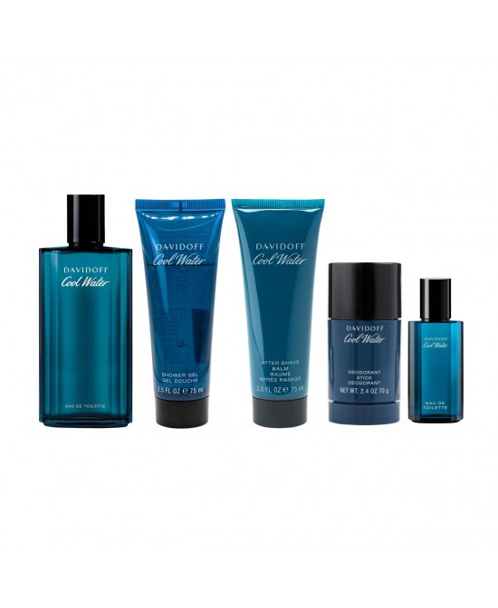 Cool water 5 pcs set for men: 4.2 eau de toilette spray + 2.4 deodorant stick + 2.5 shower gel + 2.5 after shave balm + 0.5 eau de toilette spray