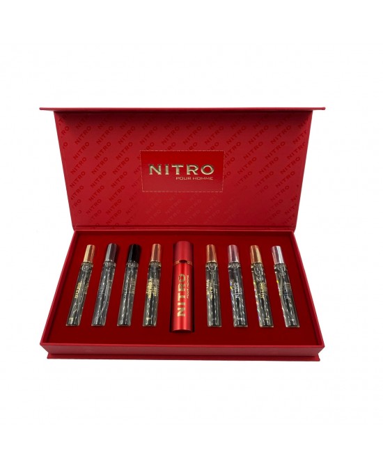 Nitro dumont paris pour homme 9 * 0.34 eau de parfum spray set: nitro + nitro black + nitro green + nitro intense + nitro platinum + nitro red + nitro white + nitro blue + travel spray case