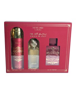 Lattafa bade'e al oud sublime 3 pcs set for men: 3.4 eau de parfum spray + 1.7 hair mist + 6.7 perfumed body spray Lattafa bade'e al oud sublime 3 pcs set for men: 3.4 eau de parfum spray + 1.7 hair mist + 6.7 perfumed body spray