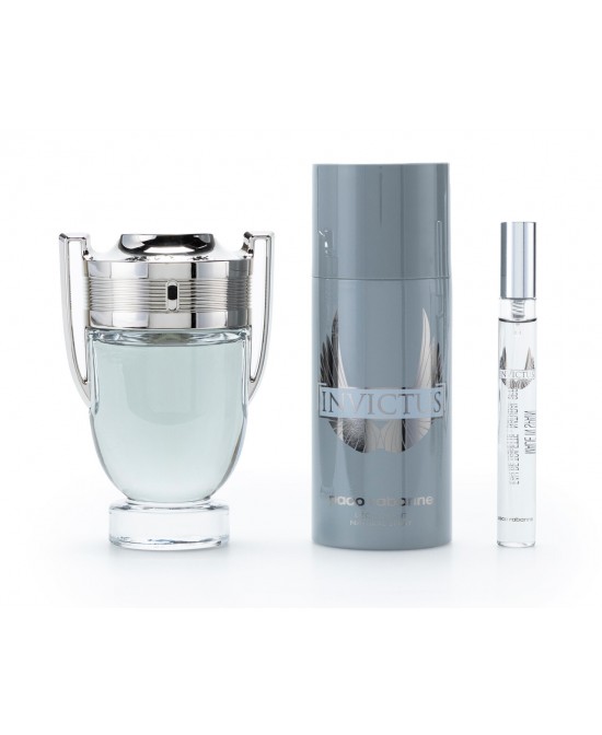 Paco rabanne invictus 3 pcs set for men: 3.4 eau de toilette spray + 5.1 deodorant spray + 0.34 eau de toilette spray.