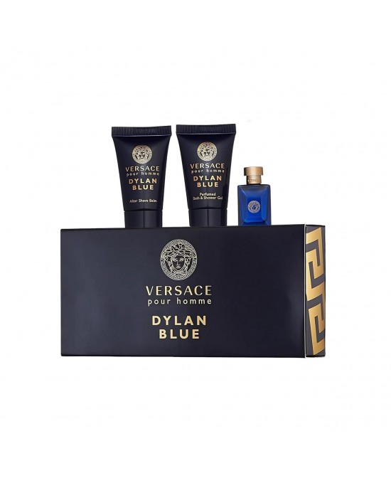 Versace dylan blue 3 pcs set for men: 5 ml eau de toilette mini + 0.8 shower gel + 0.8 after shave balm